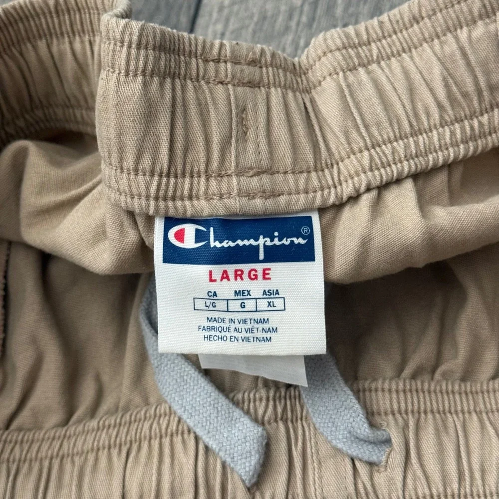 Y2K Champion Tan Khaki Cotton Twill Athletic Shorts Side Stripe GJ012022 Mens L